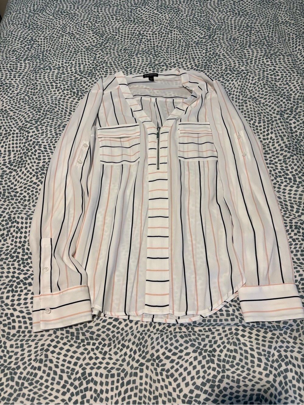 Express White Blouse with Navy & Peach Stripes